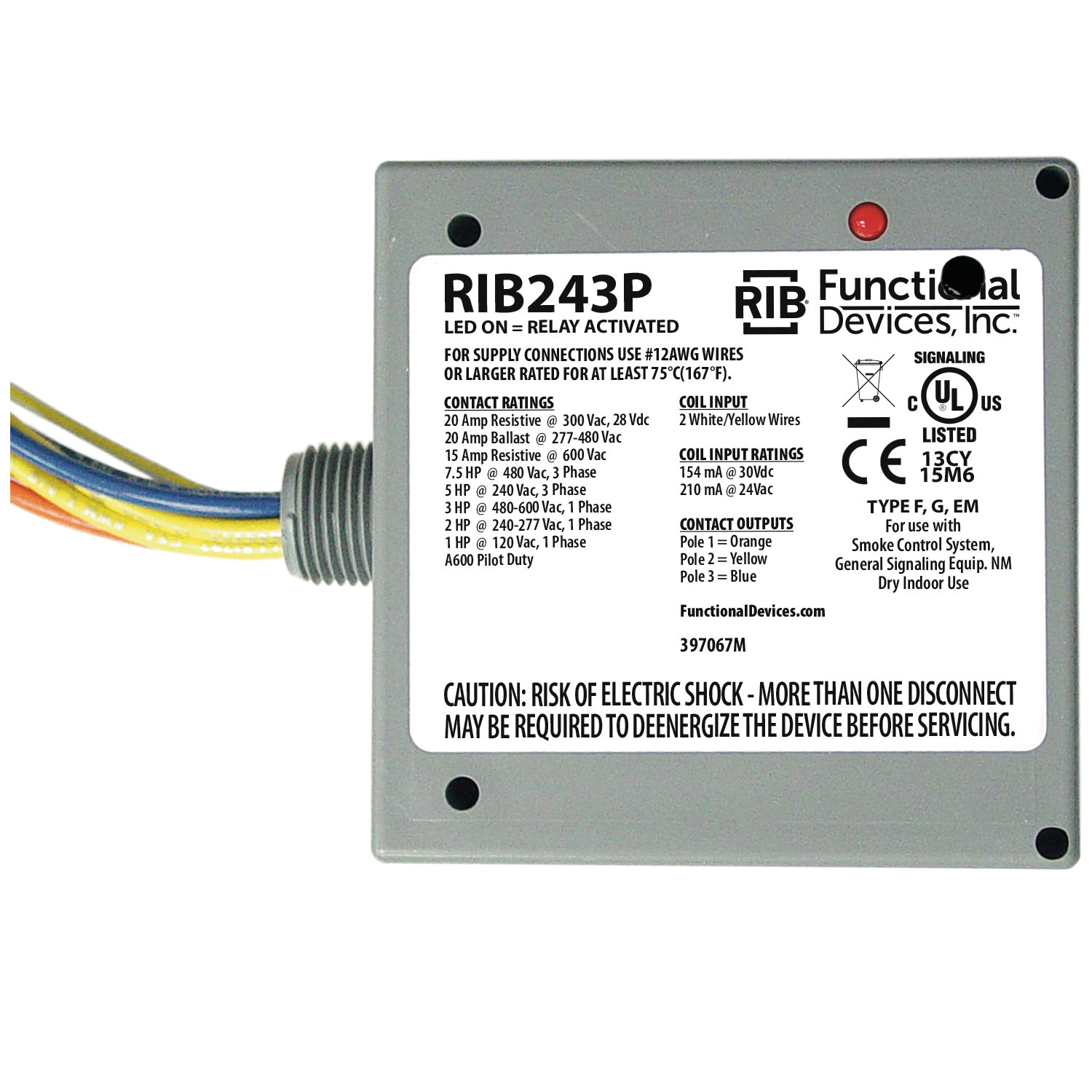 RIB243P RIB243P Functional Devices Enclosed Relay 20 Amp 3PST-N/O with from