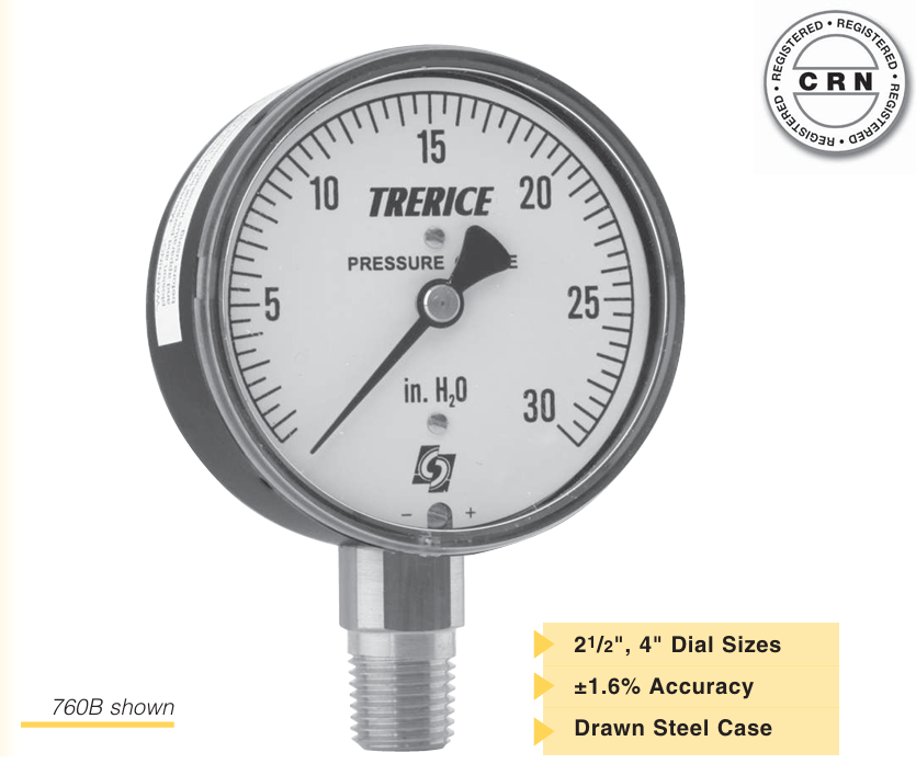 760B2502LT680 760B2502LT680 Trerice Pressure gauge, 2.5" 0 - 100" WC from B